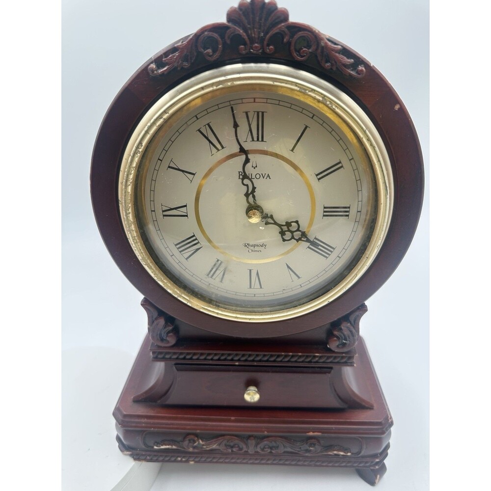 Bulova Rhapsody Mantel Clock Westminster Wood 3 Chime Battery Operated Drawer